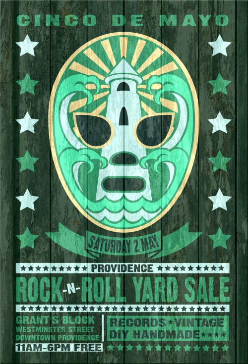 saturday 2nd may 2015 cinco de mayo providence rock and roll yard sale and block party poster designed by uncle pete macphee swampyankee
